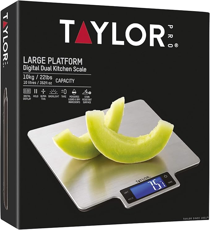 Taylor Pro Digital Large Kitchen Food Scales, Professional Standard Tare Feature with Accuracy and High Precision Sensor, Stainless Steel Silver, 10 kg Capacity
