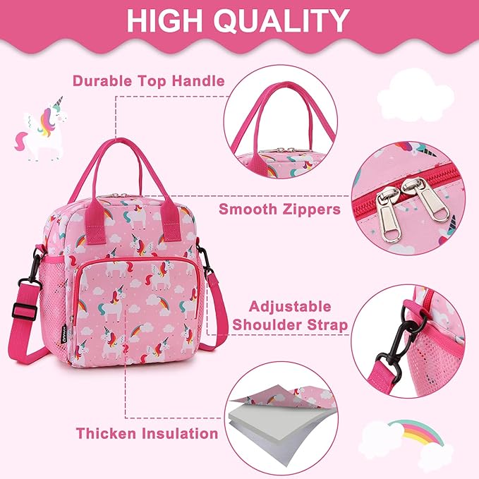 RAVUO Unicorn Lunch Bag for Girl Insulated Cute Girls Lunch Box for Kids Reusable Lunch Tote with Detachable Shoulder Strap Plush