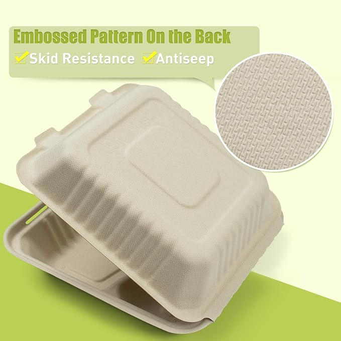 Green Earth, 8-inch, 50-Count, 3-Compartment, Compostable Clamshell, BAM ware (Bamboo Fiber), Take-Out/to-Go Food Boxes - Biodegradable Containers, Hinged Lid Microwave-Safe Gluten-Free