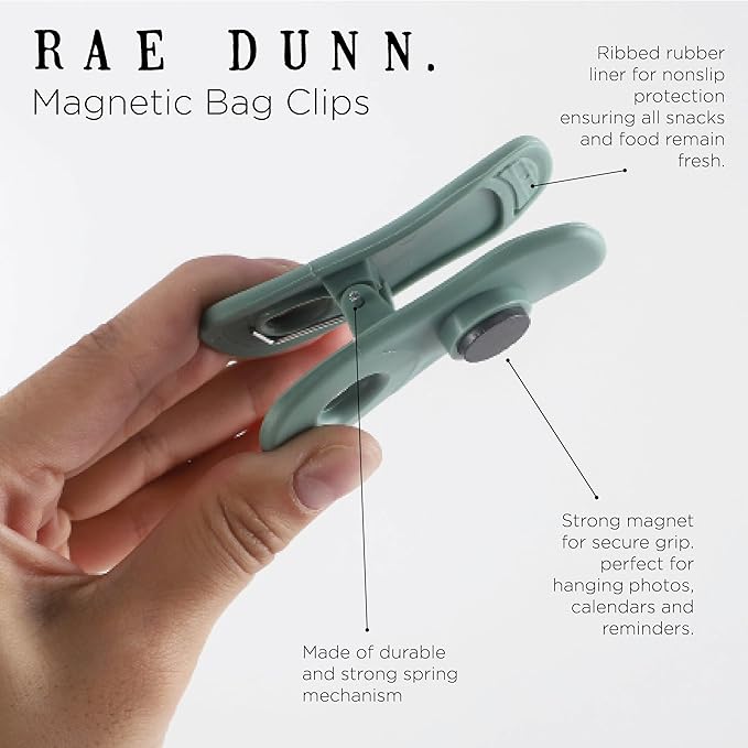 Rae Dunn Bag Clips with Magnet - Food Clips, Chip Clips, Bag Clips for Food Storage with Air Tight Seal Grip for Bread Bags, Snack Bags and Food Bags, Pack of 20, Sage