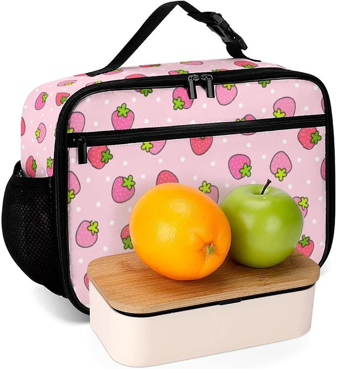 Strawberry Reusable Lunch Box Insulated Lunch Bag Cooler Bag Lunchbox Meal Food Container Tote Bag for Women Kids Girls School Camping Hiking Picnic Beach Travel