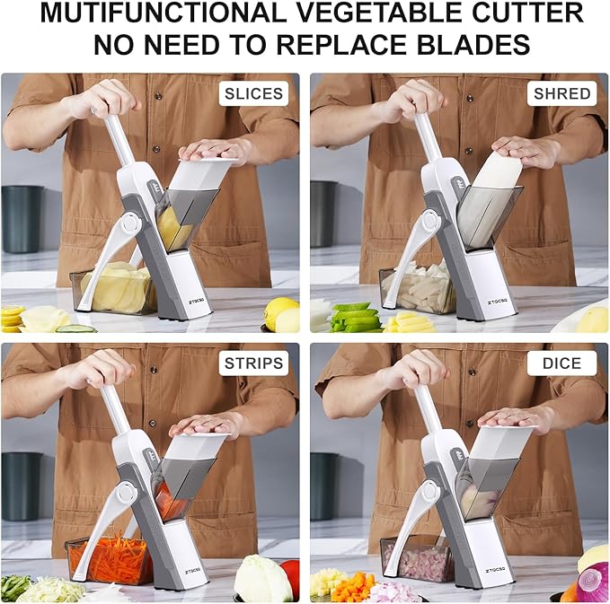 5 in 1 Safe Mandoline Slicer for Kitchen, Safe Vegetable Chopper with Paring Knife, Adjustable Thickness, Easy to Clean, Vegetable Slicer, Slicing, Strips, Shredding, Dicing, Chop (LightGray)