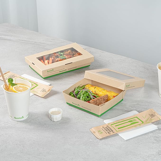 Restaurantware-34 Ounce Sturdy Paper Take Out Boxes, 200 Disposable Take Out Food Containers - With PLA lining, Paper Lid With Clear PLA Window, Bamboo Paper Containers, Compostable, Greaseproof