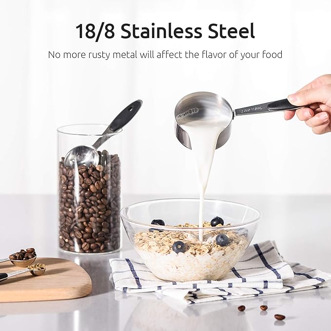 U-Taste 10 Piece Measuring Cups and Spoons Set in 18/8 Stainless Steel, and 600ºF Heat Resistant 13 inch Large Non-Stick Silicone Soup Ladle (Black)