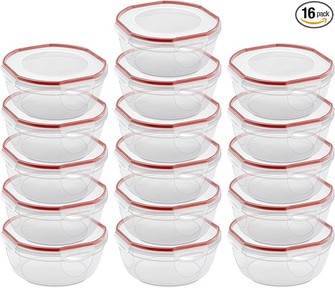 Sterilite Ultra-Seal 4.7 Qt Bowl, Large Airtight Food Storage Container, Latching Lid, Microwave and Dishwasher Safe, Clear With Red Gasket, 16-Pack