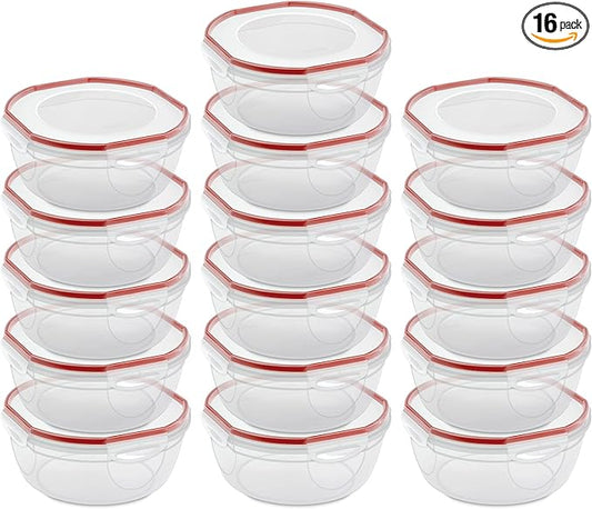 Sterilite Ultra-Seal 4.7 Qt Bowl, Large Airtight Food Storage Container, Latching Lid, Microwave and Dishwasher Safe, Clear With Red Gasket, 16-Pack