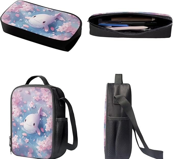 Dolyues Cherry Blossom Fish Girls' Pink Backpack Set - Stylish Casual Daypack with Lunch Bag & Pencil Case - Gifts for Women & Girls