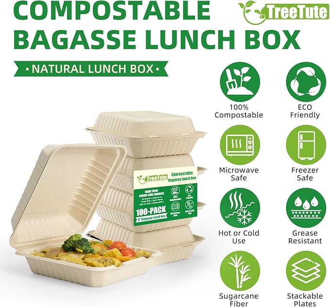 [8”X8” 100-Pack Compostable Clamshell Take Out Food Containers with Lid, Disposable Heavy-Duty To Go Containers Lunch Box, Eco-Friendly Biodegradable Bagasse To Go Boxes for Restaurant,Party