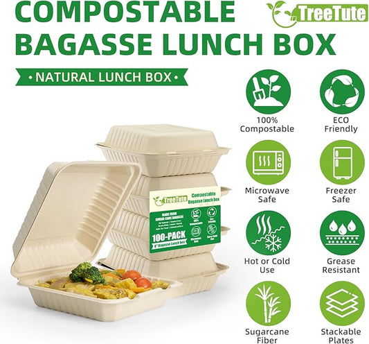 [8”X8” 100-Pack Compostable Clamshell Take Out Food Containers with Lid, Disposable Heavy-Duty To Go Containers Lunch Box, Eco-Friendly Biodegradable Bagasse To Go Boxes for Restaurant,Party