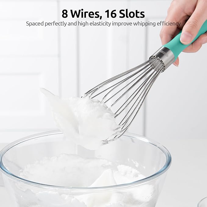 18/8 Stainless Steel Measuring Spoons Set for Dry and Liquid Ingredients (Set of 5), and 18/10 Stainless Steel Balloon Whisk for Kitchen Cooking with 8 Flex Wires (Aqua Sky)