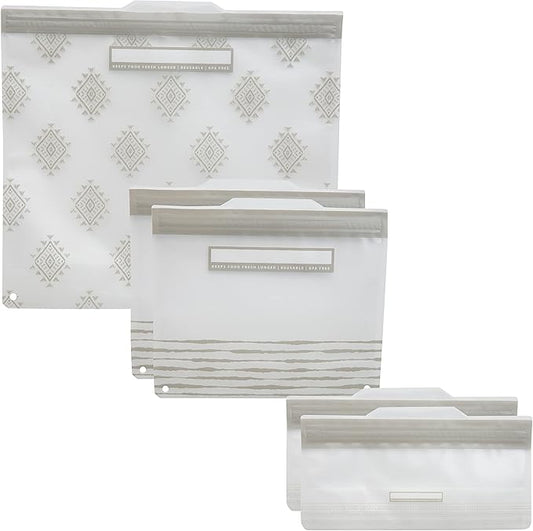 Kitchen Details 5 Piece Set Reusable Bags | 1 Gallon, 2 Sandwich and 2 Snack Sized | Airtight Zipper Seal | Leak Proof | BPA Free | Food Safe Material | Food Storage | Freezer Safe | Grey