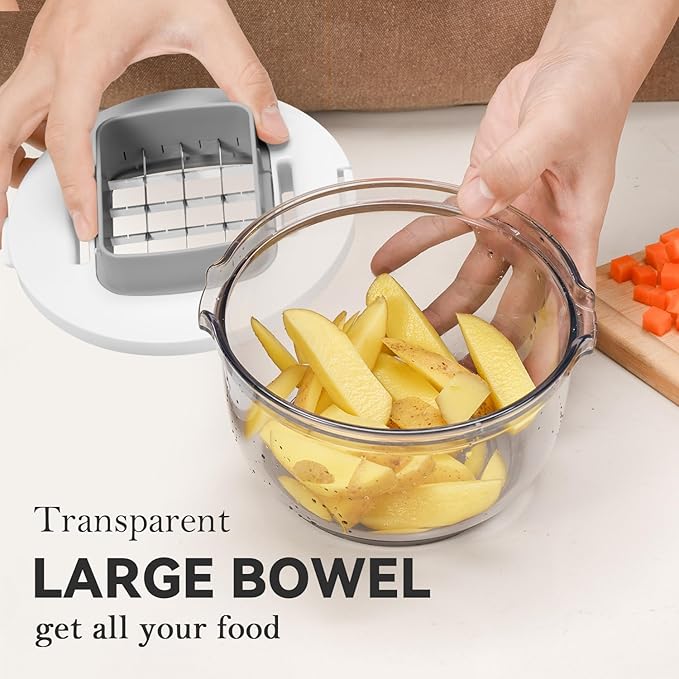 KEOUKE Vegetable Chopper Bowl Multi-functional 3 Interchangeable Blades Onion Chopper French Fry Cutter Veggie Dicer for Cucumber, Tomato, Zucchini, Carrot, Citrus