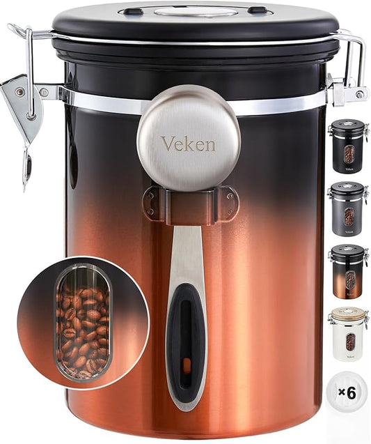 Veken Coffee Canister with Window, Gifts for Dad,Airtight Stainless Steel Kitchen Food Storage Container, Date Tracker & Scoop for Grounds Coffee, Beans, Tea,Flour,Cereal,Sugar,22OZ,Copper