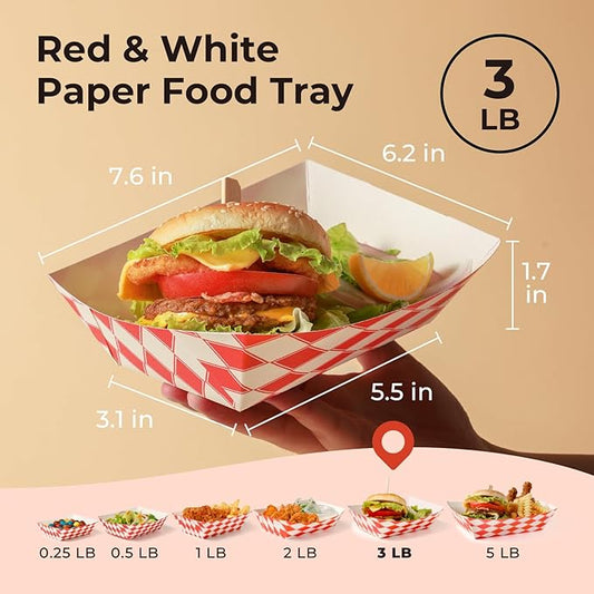 Fit Meal Prep [250 Pack 3 lb Paper Food Boats Heavy Duty Disposable Food Trays, Red Check Nacho Tray for Parties Fairs Picnics Carnivals, Holds Tacos Nachos Fries Hot Dogs Grease Resistant
