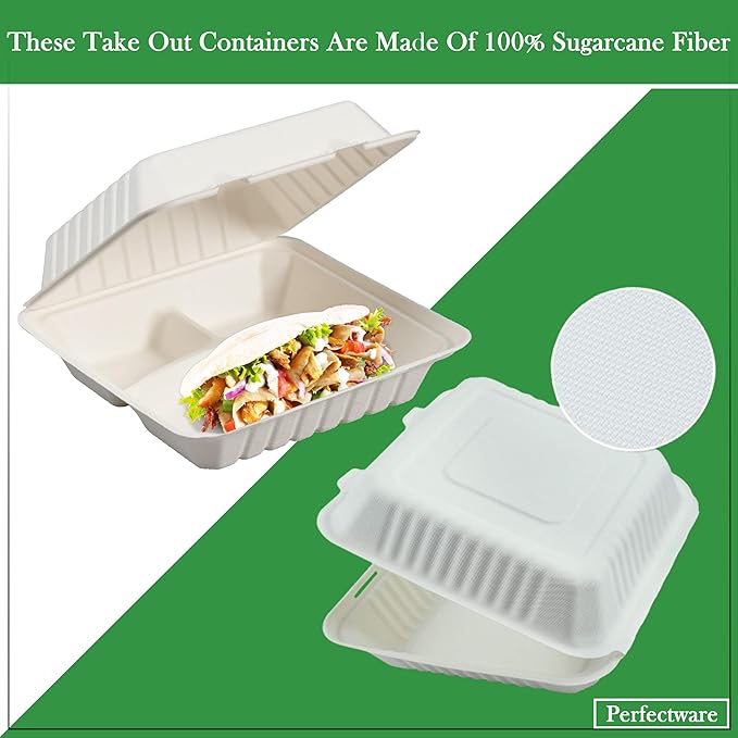 100% Compostable 3 Comp Take Out Food Containers 9x9. 25 Containers, Natural Disposable Bagasse, Eco-Friendly Biodegradable Made of Sugar Cane, Green (PW3comptbagasse-25ct)