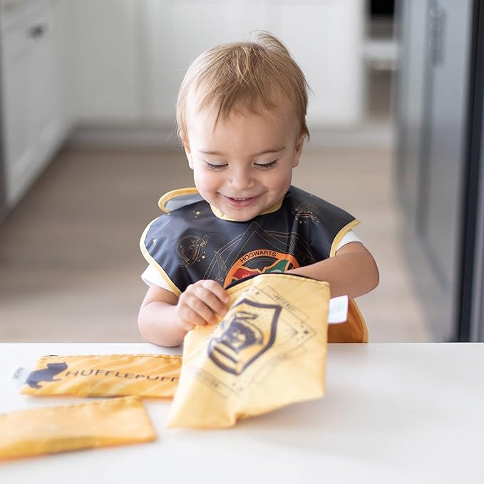 Bumkins Reusable Sandwich and Snack Bags, for Kids School Lunch and for Adults Portion, Washable Fabric, Waterproof Cloth Zip Bag, Travel Pouch, Food-Safe Storage, 3-pk Harry Potter Hufflepuff