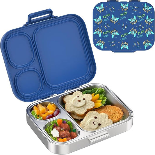 Stainless Steel Kid Lunch Box, Leak-Proof with free sealing Bento Box 3 Compartments Blue Boy