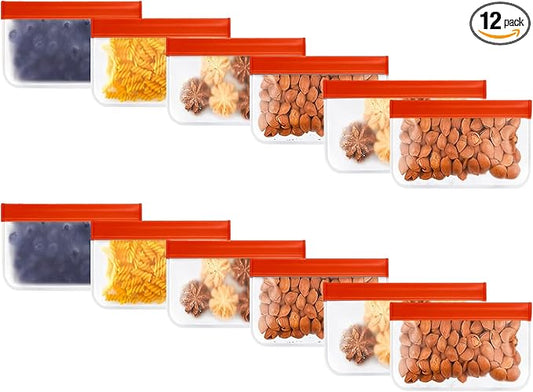 12-Pack Reusable Food Storage Bags (Small & Snack Size 7x5) – Leakproof, Eco-Friendly Ziplock Bags for Meal Prep, Travel, Freezer Storage, and Kitchen Organization – Durable & BPA-Free