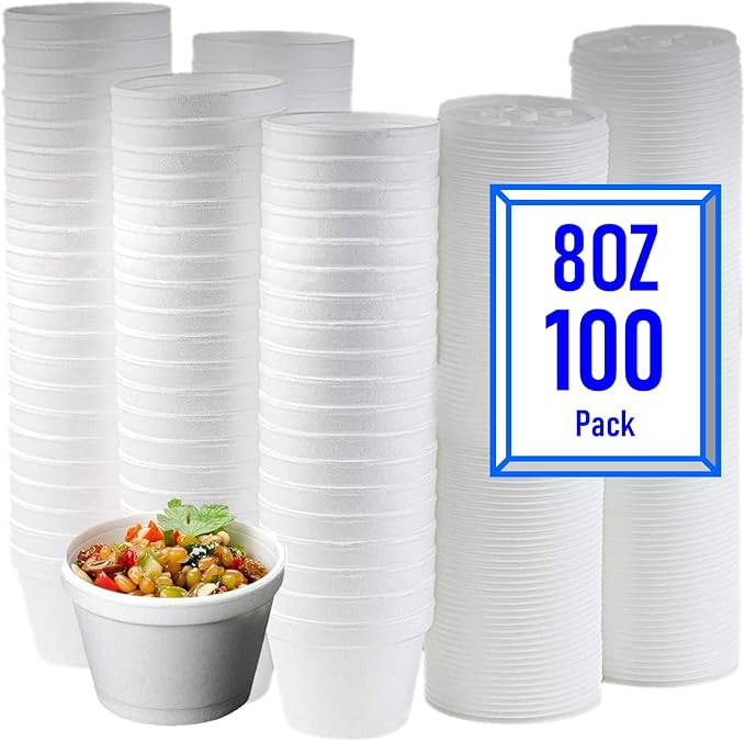 Mr Miracle 8 Ounce Foam Cup with Vented Lid in White. Hot and Cold Foods. For Ice Cream, Yogurt, Soup, Takeout, Carryout. Model MM-8SJ20/20JL (100, 8 Ounce)