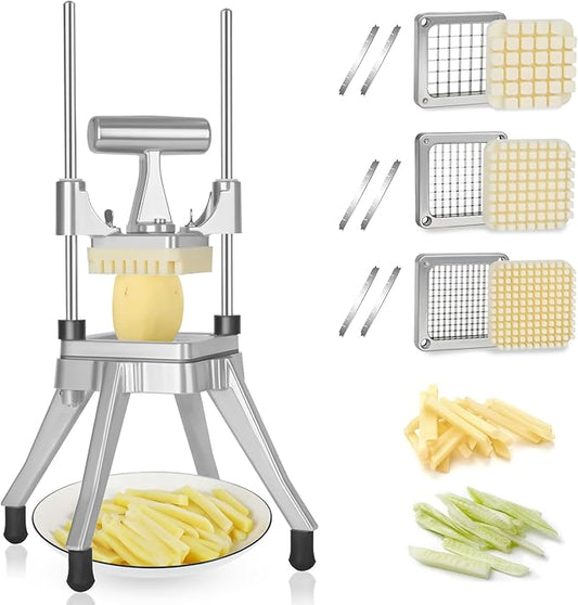 Commercial Vegetable Chopper, Stainless Steel French Fry Cutter, Heavy Duty Slicer for Onion,Carrots,Tomato,Mushroom (1/2"+3/8"+1/4" Blades)