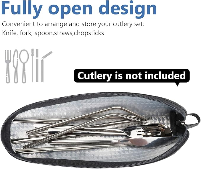 Aosbos Travel Utensil Sets Carrying Case Portable Cutlery Set Pouch Reusable Silverware Set Bag Stainless Steel Straws Pouch Chopsticks Knife Fork and Spoon Holder for Work Bento Box Lunch Bag, Grey
