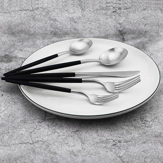 20-Piece 18/10 Stainless Steel Flatware Silverware, Luxury Dinnerware Set Travel Cutlery Tableware Include Knife Fork Spoon Service for 4, Dishwasher Safe (Black Handle Matte Silver)