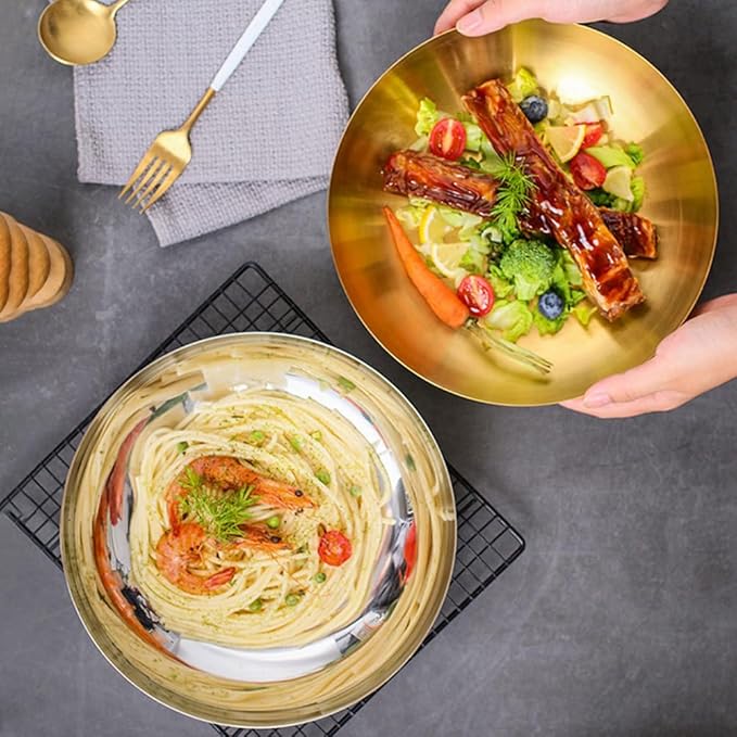9.4" Stainless Steel Mixing Bowls - 75oz Gold Serving Bowl, Large Metal Decorative Bowl for Salad, Soup, Pasta, Snack, Cooking, Baking, Dishwasher Safe