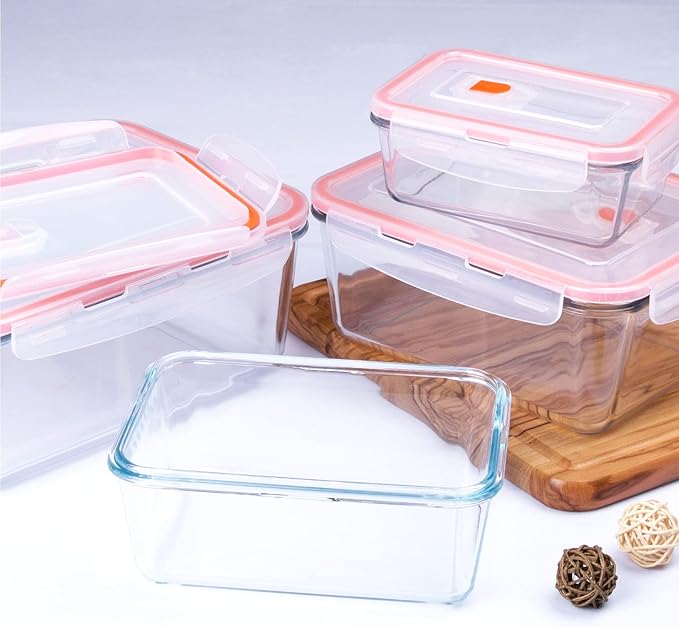 Extra Large Glass Food Storage Containers with Lids, Set-8-Piece Lunch Containers, Ideal for Storing Food, Vegetables, Fruits, Baking Cake & lot of other Tasty Food (Rectangular)