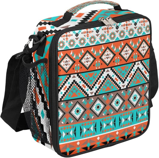Aztec Geometric Kids Lunch Box Aztec Insulated Lunch Bag Tote for Girls Boys Cooler Freezable Meal Prep Bag with Shoulder Strap Waterproof Lunch Container for School Office Picnic