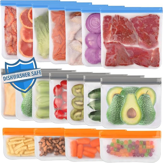 Lerine 18 Pack Dishwasher Safe Reusable Bags, Leakproof Reusable Freezer Bags, BPA Free Food Storage Bags for Lunch Marinate Food Travel - 7 Gallon 7 Sandwich 4 Snack
