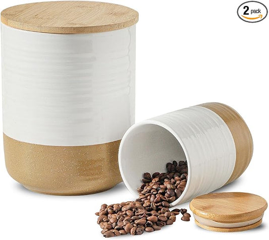 Hasense Ceramic Kitchen Canisters with Bamboo Lids – 80oz & 24oz Storage Jars Set – 7.5" + 5.9" Airtight Pantry Containers for Tea, Coffee, Flour, Snacks – Modern Minimalist Design 2-Pack White