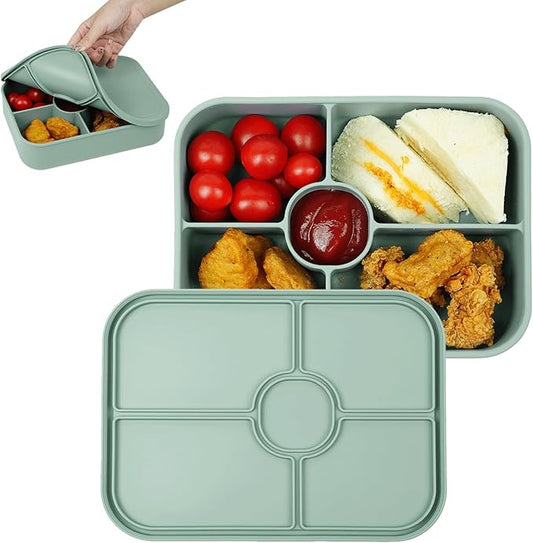 4 Compartment Lunch Box with Sauce Compartment, Leakproof Silicone Bento Box Adults, BPA-Free, Reusable Meal Prep Lunch Containers, Microwave and Dishwasher Safe