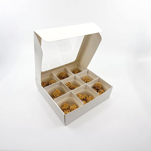 Treat boxes with window and dividers | 9 SMALL compartments | 6.5 x 6.5x 1.9 in | Chocolate covered strawberries supplies, macaron boxes, baked goods packaging | 10-pack (White)