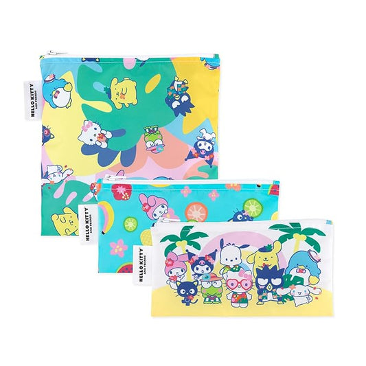 Bumkins Reusable Sandwich and Snack Bags, for Kids School Lunch and for Adults Portion, Washable Fabric, Waterproof Cloth Zip Bag, Travel Pouch, Food-Safe Storage, 3-pk Hello Kitty