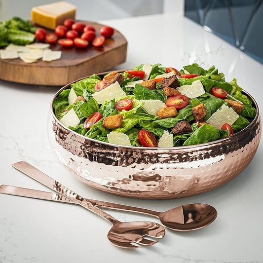 Copper Salad Bowl and Serving Utensils - Hammered Detailing - Stainless Steel Mixing Bowls with Lids- Luxurious Serving Bowls (12" Rose Gold Hammered Salad Bowl)