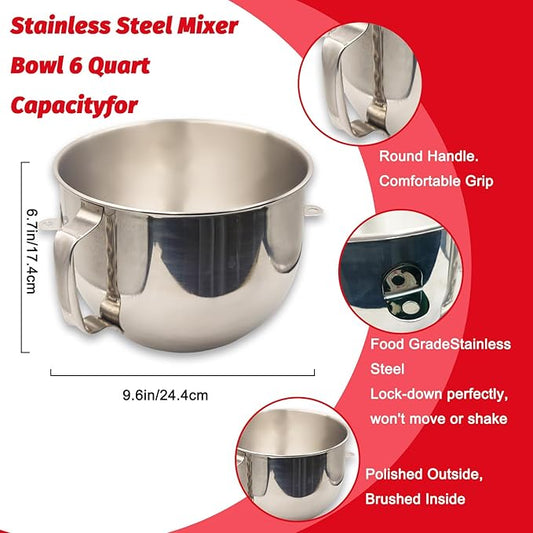GZsenwo 6 Quart Stainless Steel Mixer Bowl for Kitchen Aid, with Handle, Fits for KV25, KP25, KP26, KSM7990, KT2651, KD2661 KSM7581, KV25M,4KB25,KV25GOX,KV25G8X,KV25HOX NOT for KF26M22CA