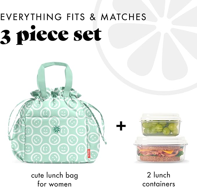 Fit & Fresh Lunch Bag For Women, Insulated Womens Lunch Bag For Work, Stain-Resistant Large Lunch Box For Women With Containers, Cinch Closure Cromwell Bag, All Smiles Mint