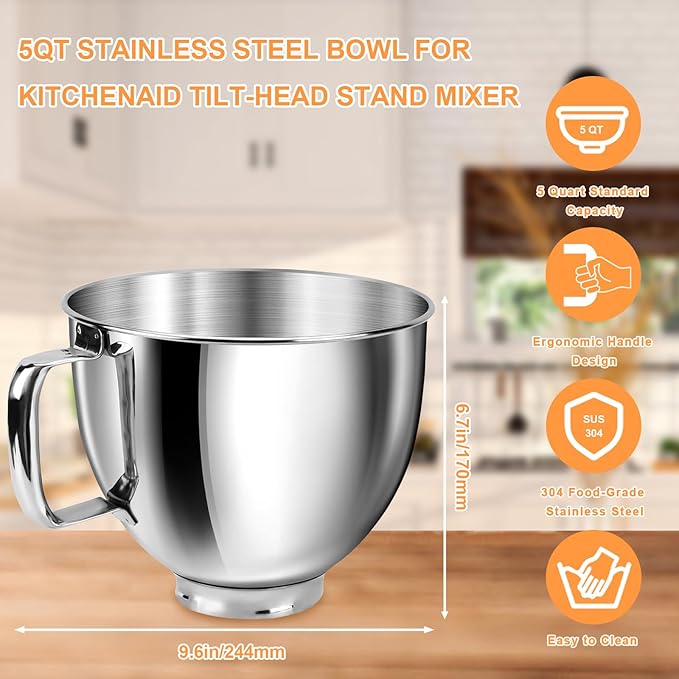 5 QT Food-Grade 304 Stainless Steel Mixer Bowl Fit for KitchenAid Tilt-Head Stand Mixers, 4.5-5 Quart Replacement Mixing Bowl with Handle for Kitchen Aid Artisan&Classic Series, Polished & Rust-Proof