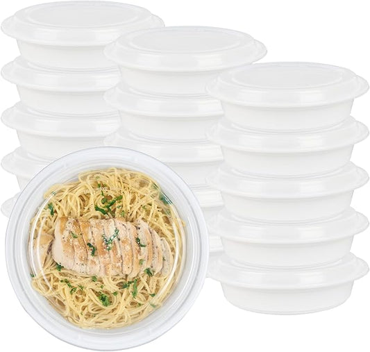 Restaurantware Asporto 48 Ounce To Go Boxes 100 Microwavable Take Out Food Containers - Clear Plastic Lids Included Do Not Contain BPA White Plastic Catering Food Containers Disposable Round