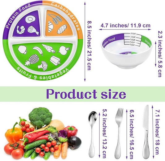 6 Pcs Bariatric Portion Control Set with 3 Bariatric Plates 3 Portion Control Bowls and Stainless Steel Flatwares for Adults Diet Balanced Eating Weight Loss Serving Plans(Simple)