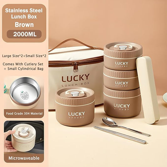 Stainless Steel Lunch Box, 3-Tier Insulated Bento Box Microwave Safe Soup Bowl for Adults, Thermal Food Container for Office Workers (Brown, 4pcs + Tableware + Insulated Bag)