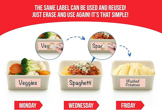 MESS Reusable Food Container Labels – Erasable, Removable Dry Erase Labels for Kitchen, Freezer, and Fridge Organization (1x3 & 1.5", Pastel)