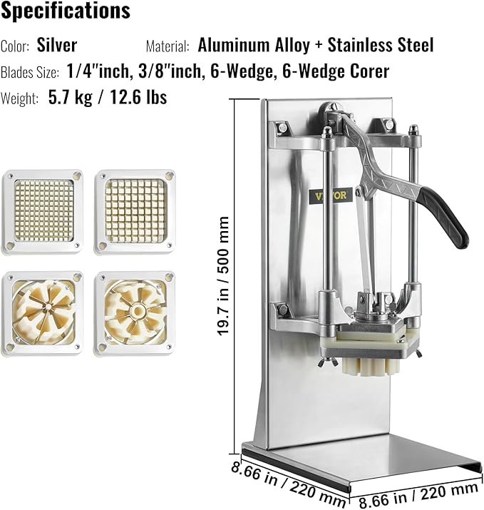 VEVOR Commercial French Fry Cutter with 4 Replacement Blades, 1/4 and 3/8 Blade Easy Dicer Chopper, 6-wedge Slicer and 6-wedge Apple Corer, Lemon Potato Cutter for French Fries with Extended Handle
