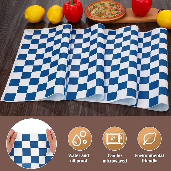 Honeydak 600 Pcs Sandwich Wrapping Paper Sheet 15x15 Checkered Food Wax Sheets Parchment Paper Basket Liner Grease Restaurant Wedding Party Supplies for Wrapping Bread Burgers(Blue)