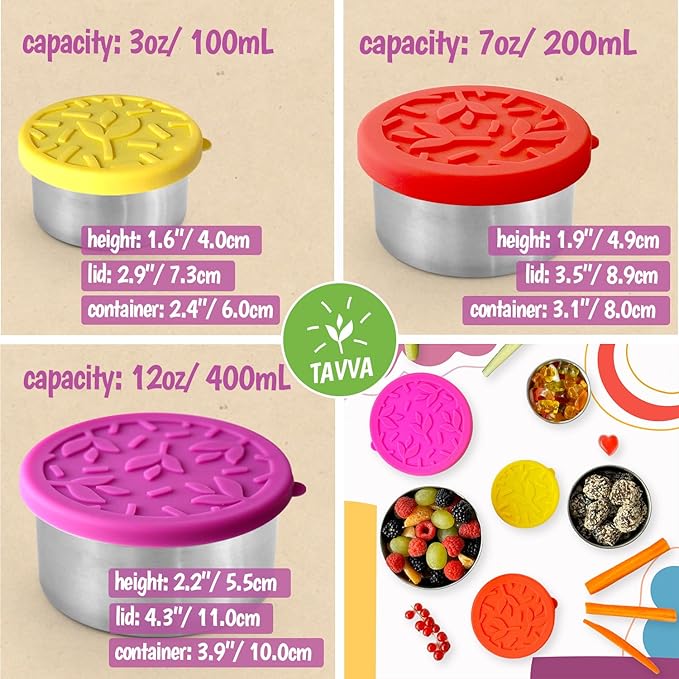 Stainless Steel Snack Containers for Kids [12oz/ 7oz/ 3oz] - Leakproof with Silicone Lids - Lunch Box for Kids - Metal Lunchbox for School, Office, Home Food Storage - Dishwasher & Freezer Safe