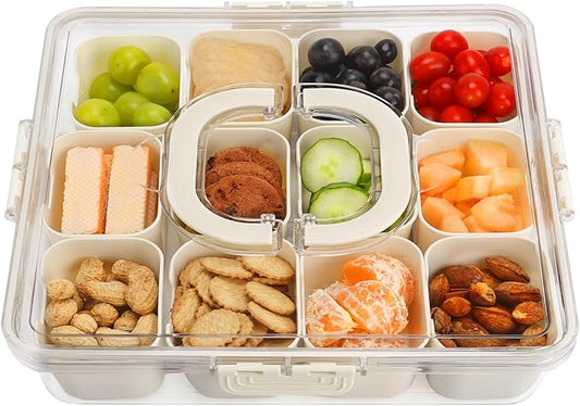 Divided Serving Tray with Lid and Handle, Portable Snack Box, 12 Compartments Veggie Fruit Tray, Charcuterie Platter Snackle Box Container for Party, Nuts, Snacks, Entertaining, Picnic, 2 Pack
