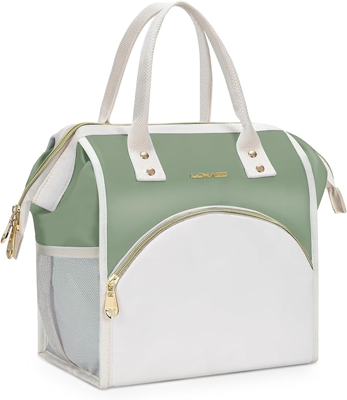 LOKASS Lunch Bag Women Insulated Lunch Box, Wide-Open Lunch Tote Bag Leak-proof Cooler Bag for Work Picnic-（Olive Green）