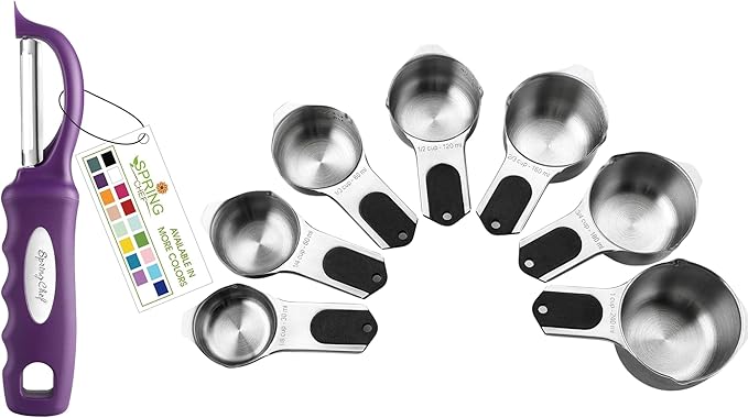 Spring Chef Premium Swivel Vegetable Peeler, Purple & Stainless Steel Magnetic Measuring Cups, Set of 7, Black - 2 Product Bundle