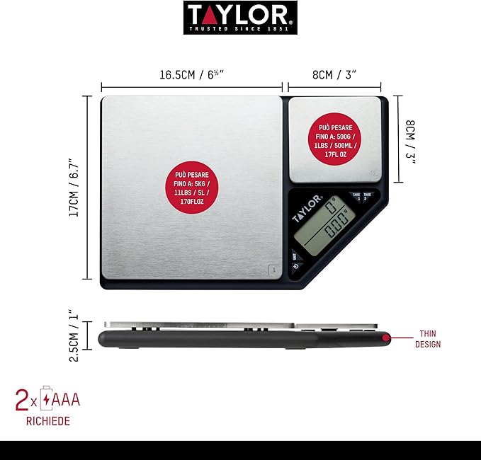 Taylor KitchenCraft Digital Kitchen Scale Dual Platform, Pro Professional Standard, Precision Accuracy and Tare Function, Brushed Stainless Steel, 5kg Capacity Black/Silver