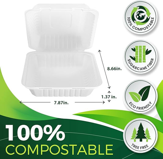75 Pack 8”x8” Take Out Containers with Lids, EXTRA Sturdy To Go Food Containers, 100% Compostable Clamshell Take Out Containers, To Go Boxes for Food